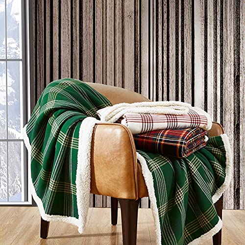 Eddie Bauer - Throw Blanket, Cotton Flannel Home Decor, All Season Reversible Sherpa Bedding (Union Bay Green, Throw)