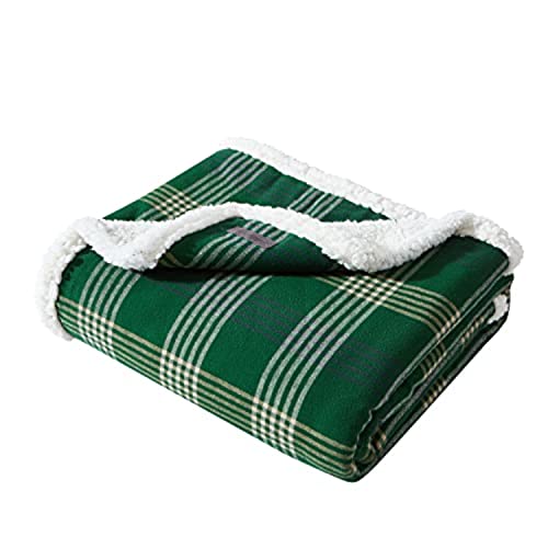 Eddie Bauer - Throw Blanket, Cotton Flannel Home Decor, All Season Reversible Sherpa Bedding (Union Bay Green, Throw)