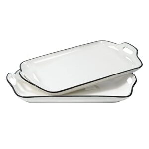 aquiver 14'' extra large serving tray with handles, porcelain white serving platter with black edge, party serving plates for cupcakes, fruits, snacks, dessert, chips - set of 2 (creamy white)