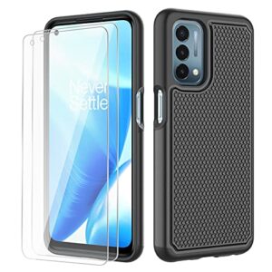 for oneplus nord n200 5g case: heavy duty shockproof protective phone case [2 tempered glass screen protector] anti-slip textured hard cover + soft silicone rubber bumper, military armor case - black