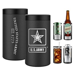 army 4 in 1 insulated can cooler, stainless steel double-walled insulator for 12 oz standard or skinny slim cans, 12 oz beer bottles & mixed drinks – gifts for soldiers