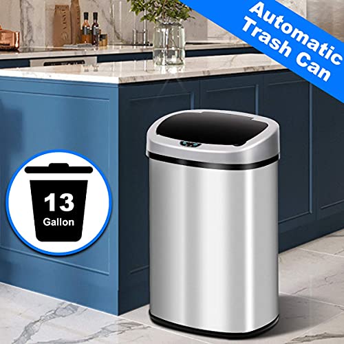 Hudada Kitchen Trash Can 13 Gallon Garbage Can Brushed Stainless Steel Waste Bin Automatic Trash Can Touch Free High Capacity 50 Liter with Lid for Kitchen Home Office Living Room Bedroom