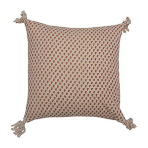 creative co-op square block print chambray back & frayed tassels pillow, cream & rust