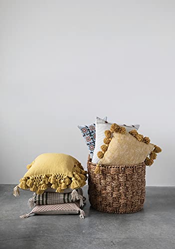 Creative Co-Op Square Block Print Chambray Back & Frayed Tassels Pillow, Cream & Rust