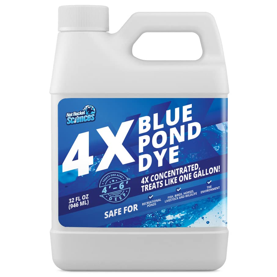 4X Blue Pond Dye - Transforms Murky Brown Water to Natural Blue Color - Super Concentrated Lake and Pond Dye - Liquid Pond Shade Treats Up to 1 Acre - Safe for Fish and Wildlife (32 oz)