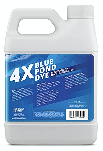 4X Blue Pond Dye - Transforms Murky Brown Water to Natural Blue Color - Super Concentrated Lake and Pond Dye - Liquid Pond Shade Treats Up to 1 Acre - Safe for Fish and Wildlife (32 oz)