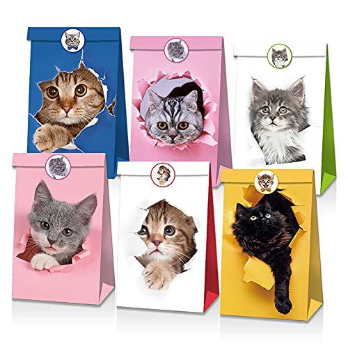 12pcs Small Paper Bags 3D Cat Printed Candy Cookie Buffet Paper Bag Animal Theme Kids Carry Food Party Favors Kraft Bags