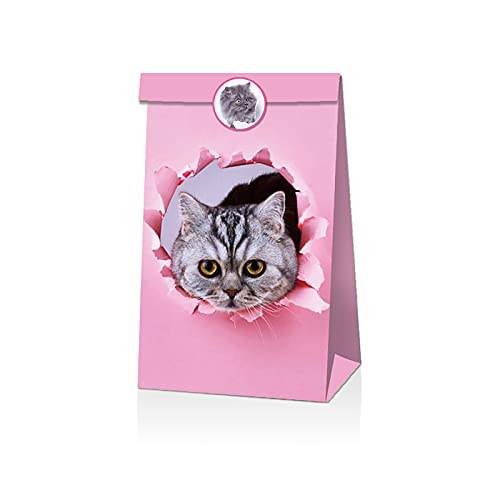 12pcs Small Paper Bags 3D Cat Printed Candy Cookie Buffet Paper Bag Animal Theme Kids Carry Food Party Favors Kraft Bags