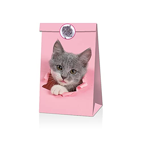 12pcs Small Paper Bags 3D Cat Printed Candy Cookie Buffet Paper Bag Animal Theme Kids Carry Food Party Favors Kraft Bags