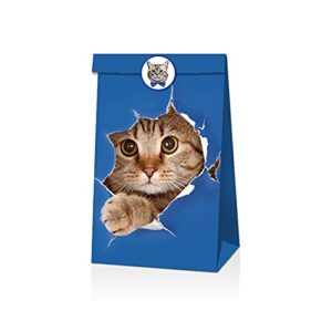 12pcs Small Paper Bags 3D Cat Printed Candy Cookie Buffet Paper Bag Animal Theme Kids Carry Food Party Favors Kraft Bags