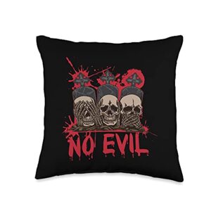 skull halloween apparel see-speak-hear no evil halloween bloody skull throw pillow, 16x16, multicolor