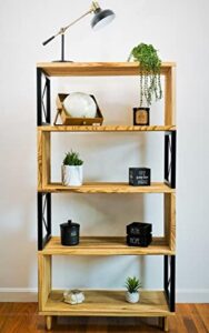 premium home modern bookshelf – industrial bookcase, 5 shelf bookcase, tall book shelf, farmhouse book case, bookshelves and bookcases, rustic wood, industrial black metal, 5 tier shelf shelving unit