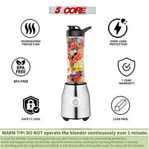 5 Core Smoothie Blender for Shakes and Smoothies, 600ml Powerful 300W Personal Bullet Blender & Smoothie Maker with Portable Bottle BPA Free 20 Oz, 4 Stainless Steel Blade, Blenders For Smoothie 5C 521