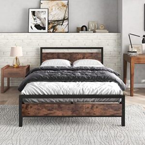 jurmerry full size metal bed frame with wooden headboard and footboard heavy duty steel mattress foundation/rustic country style/easy assembly,black