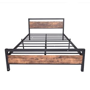 JURMERRY Full Size Metal Bed Frame with Wooden Headboard and Footboard Heavy Duty Steel Mattress Foundation/Rustic Country Style/Easy Assembly,Black