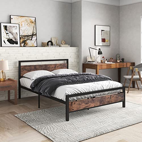 JURMERRY Full Size Metal Bed Frame with Wooden Headboard and Footboard Heavy Duty Steel Mattress Foundation/Rustic Country Style/Easy Assembly,Black