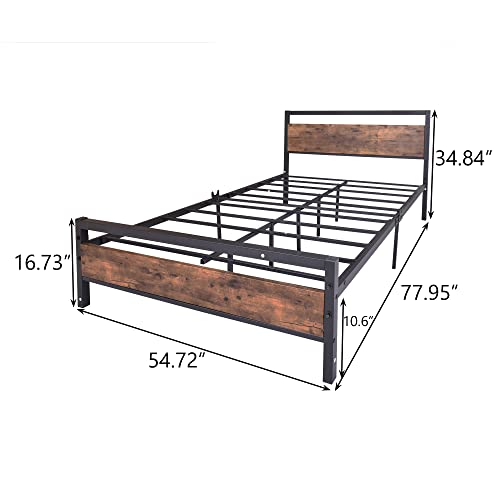JURMERRY Full Size Metal Bed Frame with Wooden Headboard and Footboard Heavy Duty Steel Mattress Foundation/Rustic Country Style/Easy Assembly,Black