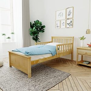 max & lily twin bed, bed frame with headboard for kids with 2 guard rails, slatted, natural