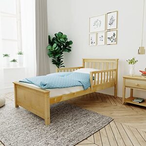 Max & Lily Twin Bed, Bed Frame with Headboard For Kids with 2 Guard Rails, Slatted, Natural