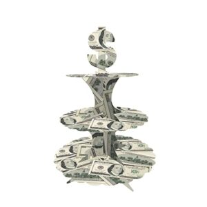 Fun Cash Money Dollar Bill Themed Cake Stand 3-Tier Grey Board Cupcake Stand Dessert Mini Cakes Candy Display Tower for Birthday Tea Party Wedding Casino Bachelorette Retirement Party