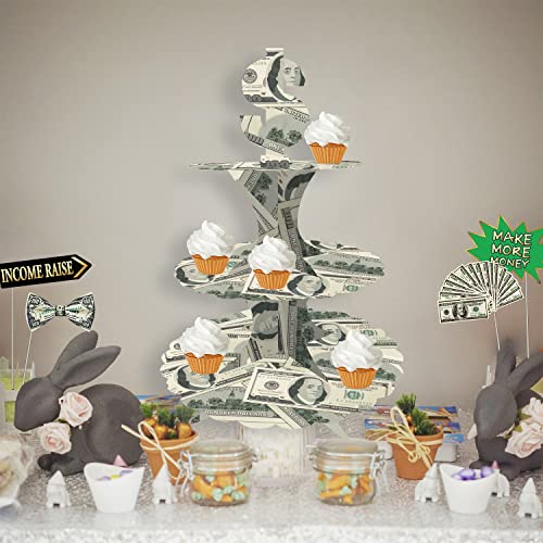 Fun Cash Money Dollar Bill Themed Cake Stand 3-Tier Grey Board Cupcake Stand Dessert Mini Cakes Candy Display Tower for Birthday Tea Party Wedding Casino Bachelorette Retirement Party