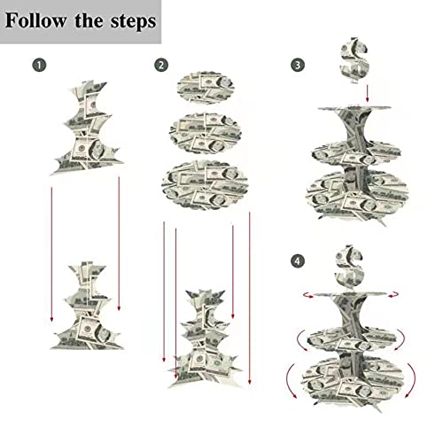 Fun Cash Money Dollar Bill Themed Cake Stand 3-Tier Grey Board Cupcake Stand Dessert Mini Cakes Candy Display Tower for Birthday Tea Party Wedding Casino Bachelorette Retirement Party