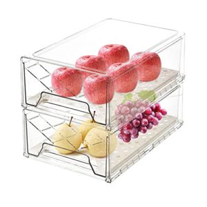 GuoTcusy Fridge Organizer Bins, Pantry Organization and Storage, Plastic Stackable Drawer Container with Removable Drain Tray for Kitchen, Refrigerator and Cabinets (2 PACK, 12.6"L x 8.1"W x 4.3"H)