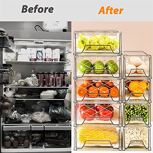 GuoTcusy Fridge Organizer Bins, Pantry Organization and Storage, Plastic Stackable Drawer Container with Removable Drain Tray for Kitchen, Refrigerator and Cabinets (2 PACK, 12.6"L x 8.1"W x 4.3"H)