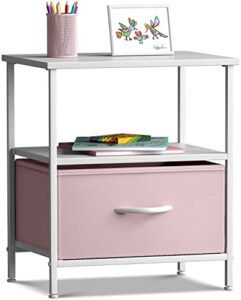 1-drawer shelf storage nightstand - kids bedside furniture end table night stand - steel frame, wood top & easy pull fabric bins - dresser & chest for home, bedroom accessories, office & college dorm