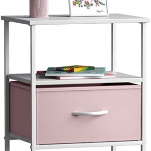 1-Drawer Shelf Storage Nightstand - Kids Bedside Furniture End Table Night Stand - Steel Frame, Wood Top & Easy Pull Fabric Bins - Dresser & Chest for Home, Bedroom Accessories, Office & College Dorm