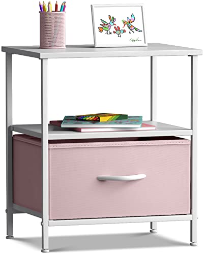 1-Drawer Shelf Storage Nightstand - Kids Bedside Furniture End Table Night Stand - Steel Frame, Wood Top & Easy Pull Fabric Bins - Dresser & Chest for Home, Bedroom Accessories, Office & College Dorm