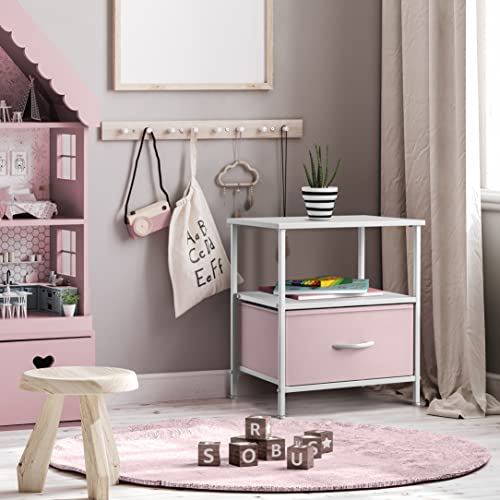 1-Drawer Shelf Storage Nightstand - Kids Bedside Furniture End Table Night Stand - Steel Frame, Wood Top & Easy Pull Fabric Bins - Dresser & Chest for Home, Bedroom Accessories, Office & College Dorm