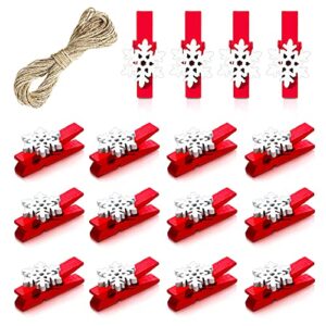 80 pieces snowflake wood clothespins christmas red wood clips cute wooden clothes pins with 32.8 ft rope wood laundry peg pins with spring for christmas cloth diy crafts bathroom laundry room decor