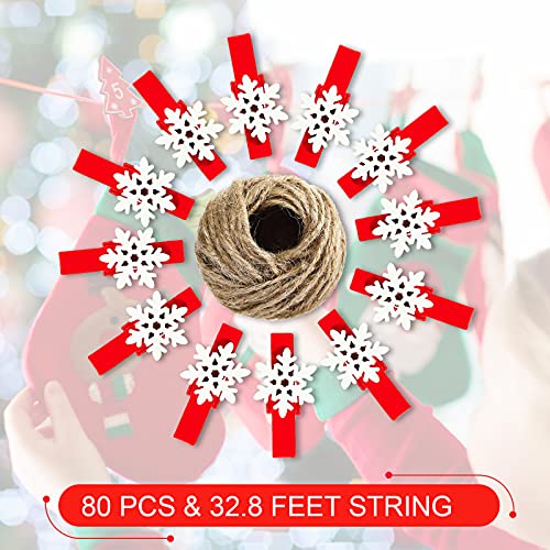 80 Pieces Snowflake Wood Clothespins Christmas Red Wood Clips Cute Wooden Clothes Pins with 32.8 Ft Rope Wood Laundry Peg Pins with Spring for Christmas Cloth DIY Crafts Bathroom Laundry Room Decor