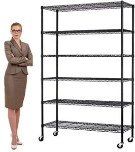 wire shelving unit, metal , with wheels 6 tier 2100lbs 48in l×18in w×82in h storage shelves height adjustable nsf heavy duty steel shelf movable for kitchen garage warehouse commercial rack, black