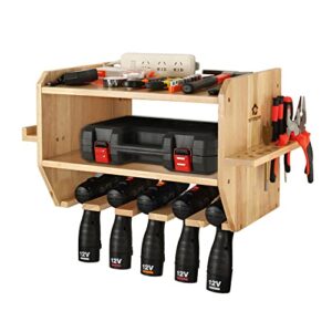 simesove power tool organizer,drill holder storage wall mounted with 6 tool organizer slots, wrench,screwdriver and circular saw storage,solid wooden drill charging station