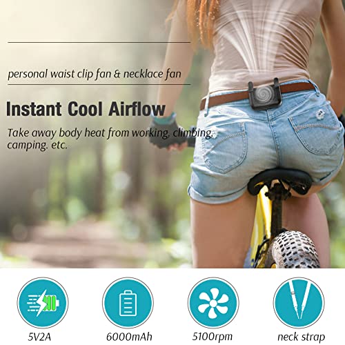 ALPIAZ Personal Portable Waist Clip Fan, 6000mAh Rechargeable Battery Operated Necklace Fan, 5100RPM,3 Speed,23 Hours ,For Workers, Climbing, Hiking, Outdoor Hot Terminator