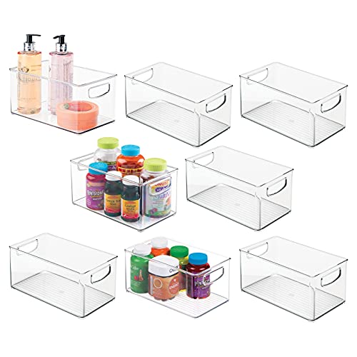 mDesign Plastic Storage Organizer Wide Container Bin with Handles for Bathroom, Home Organization - Holds Vitamins, Supplements, Makeup, Styling Tools - Ligne Collection - 8 Pack - Clear