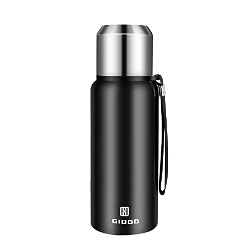 Insulated vacuum Thermo Bottle 16.9oz with cup lid Leakproof stainless water flask for coffee hot and cold drink.(Black,500ml)