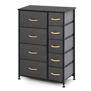 pellebant 9 drawers vertical storage tower- fabric dresser, sturdy metal frame, fabric storage bins with wooden handle and wooden top, organizer unit for bedroom/closet/hallway/entryway,grey
