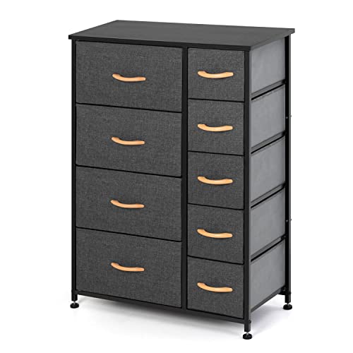 Pellebant 9 Drawers Vertical Storage Tower- Fabric Dresser, Sturdy Metal Frame, Fabric Storage Bins with Wooden Handle and Wooden Top, Organizer Unit for Bedroom/Closet/Hallway/Entryway,Grey