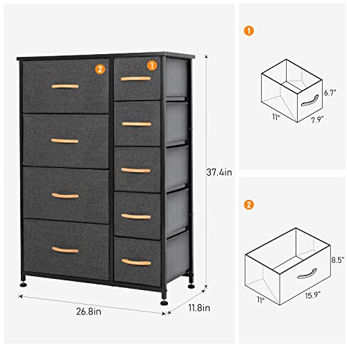 Pellebant 9 Drawers Vertical Storage Tower- Fabric Dresser, Sturdy Metal Frame, Fabric Storage Bins with Wooden Handle and Wooden Top, Organizer Unit for Bedroom/Closet/Hallway/Entryway,Grey