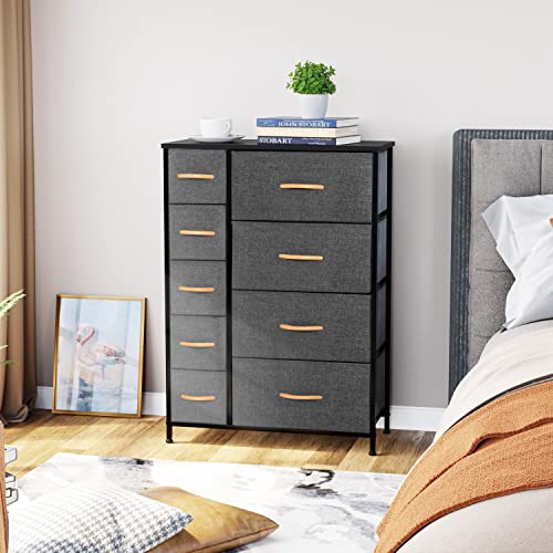 Pellebant 9 Drawers Vertical Storage Tower- Fabric Dresser, Sturdy Metal Frame, Fabric Storage Bins with Wooden Handle and Wooden Top, Organizer Unit for Bedroom/Closet/Hallway/Entryway,Grey