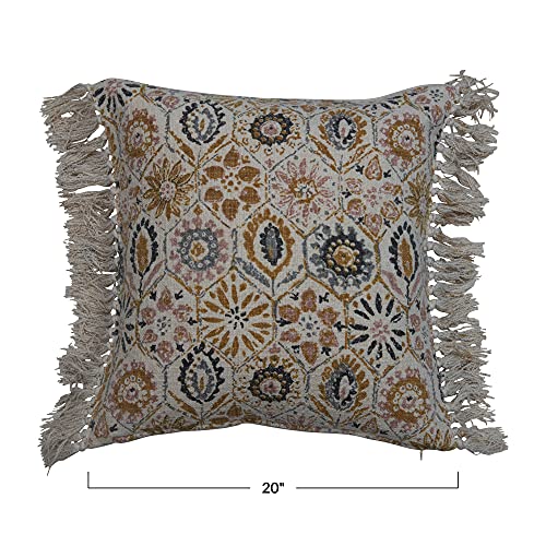 Creative Co-Op 20" Square Stonewashed Cotton Blend Slub Pattern & Fringe Pillow, 1 Count (Pack of 1), Multicolored