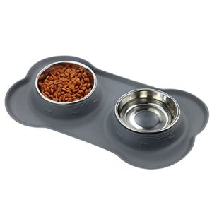 dog bowls, cat food and water bowls stainless steel, double pet feeder bowls with no spill non-skid silicone mat, dog dish for small dogs cats puppies, set of 2 bowls (s-6oz, grey)