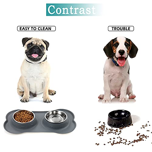 Dog Bowls, Cat Food and Water Bowls Stainless Steel, Double Pet Feeder Bowls with No Spill Non-Skid Silicone Mat, Dog Dish for Small Dogs Cats Puppies, Set of 2 Bowls (S-6oz, Grey)