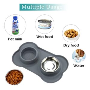 Dog Bowls, Cat Food and Water Bowls Stainless Steel, Double Pet Feeder Bowls with No Spill Non-Skid Silicone Mat, Dog Dish for Small Dogs Cats Puppies, Set of 2 Bowls (S-6oz, Grey)