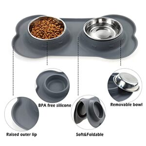 Dog Bowls, Cat Food and Water Bowls Stainless Steel, Double Pet Feeder Bowls with No Spill Non-Skid Silicone Mat, Dog Dish for Small Dogs Cats Puppies, Set of 2 Bowls (S-6oz, Grey)