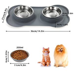 Dog Bowls, Cat Food and Water Bowls Stainless Steel, Double Pet Feeder Bowls with No Spill Non-Skid Silicone Mat, Dog Dish for Small Dogs Cats Puppies, Set of 2 Bowls (S-6oz, Grey)