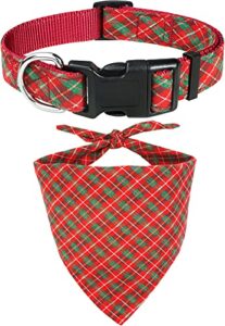 taglory christmas dog collars and bandanas set, xmas costume triangle pet scarf & collar for medium large dogs, red plaid, 14-20"